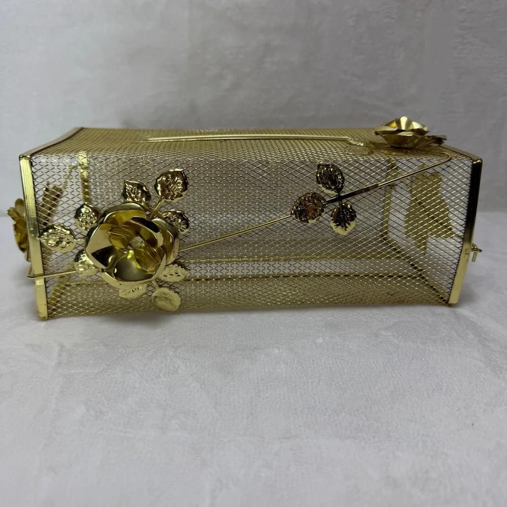 VTG Gold Tone Mesh Tissue Box‎ Cover Holder Hollywood Regency Rose Floral Metal